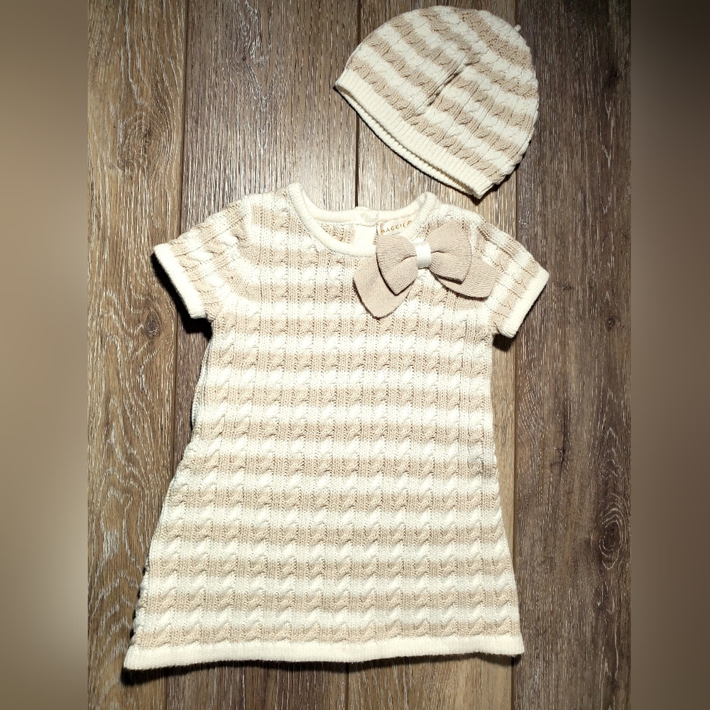 Baby's tan & white striped capped sleeve sweater dress, hat and cardigan 6-9M